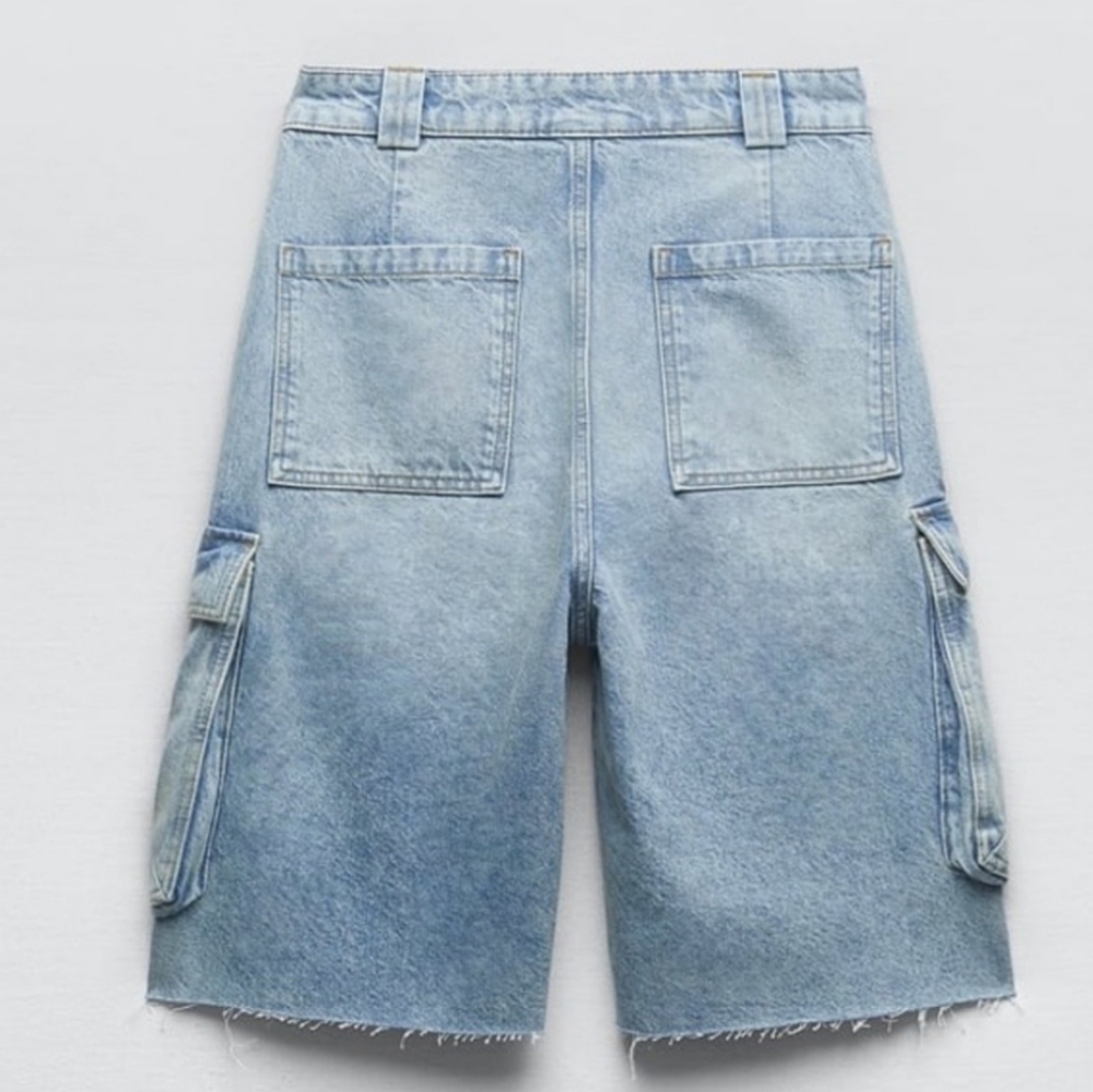 New Zara Bermuda 100% Cotton Denim Cargo Short - Picture 4 of 9